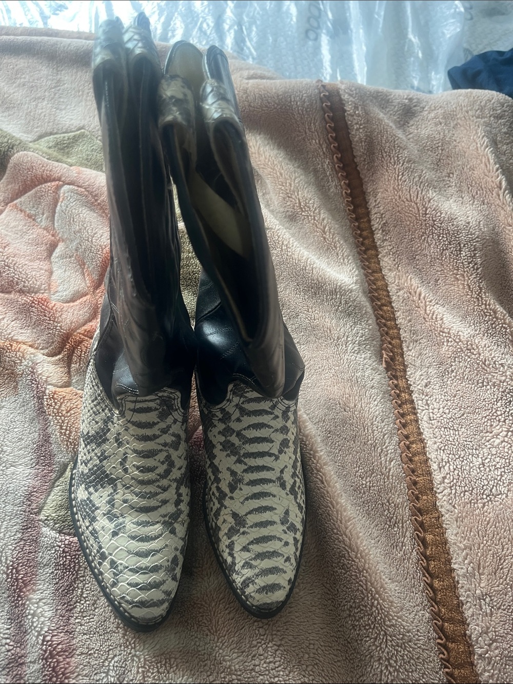 Women’s Black and White Snake-Print Heeled Boots